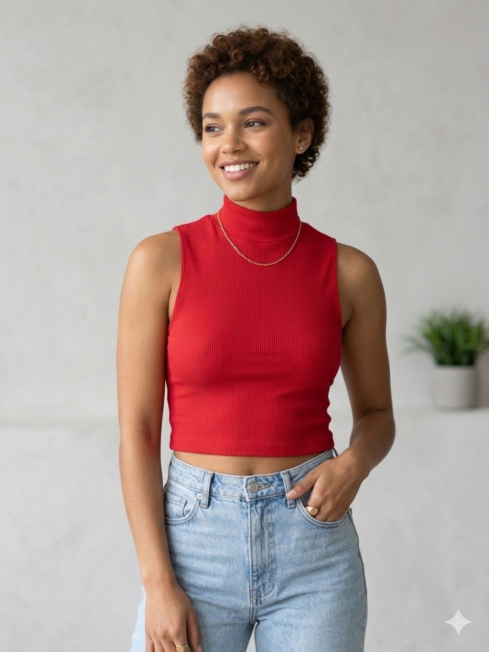 Zara Red Sleeveless Mock Neck Ribbed Crop Top